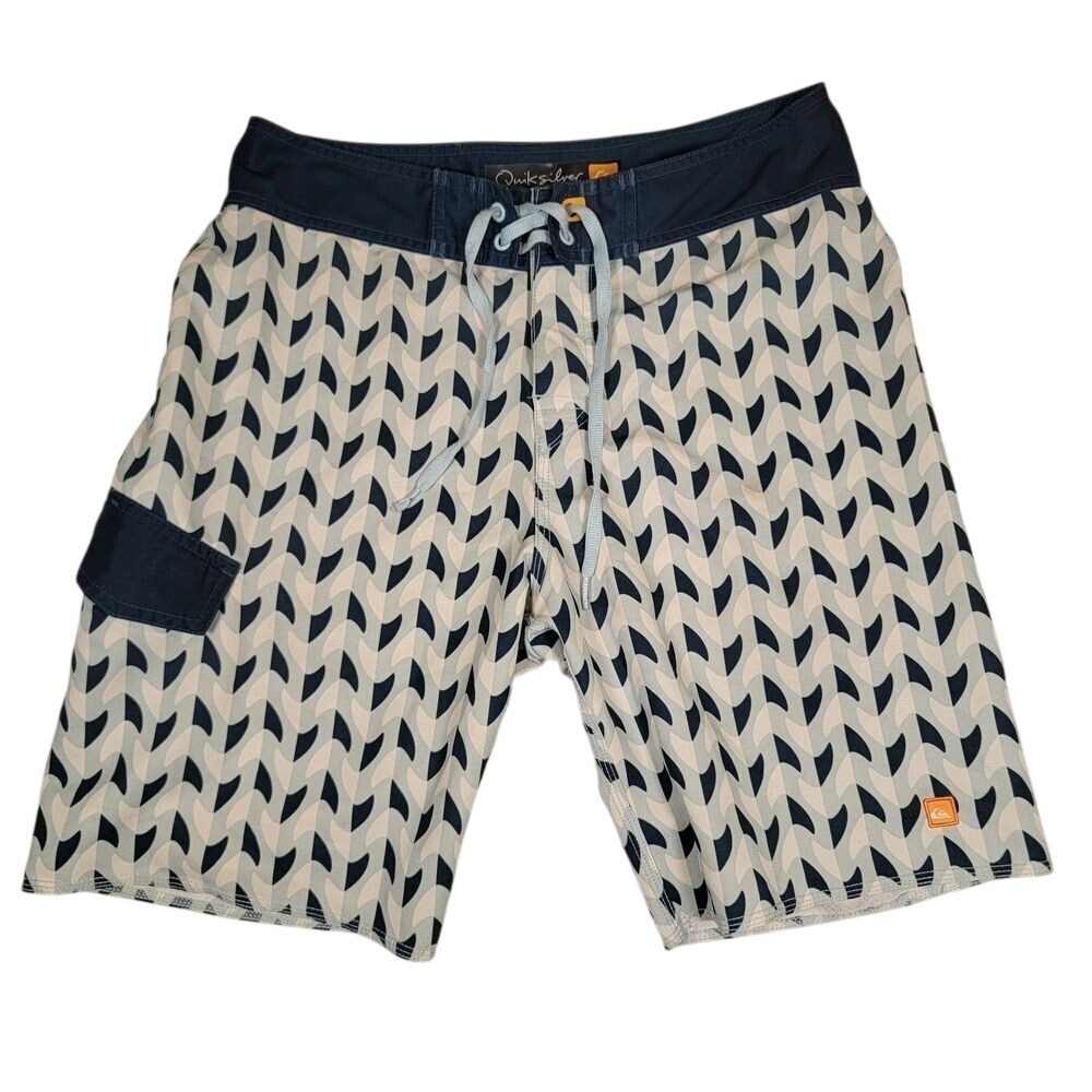 QUIKSILVER Mens Board Shortsβ Sz 30 Blue Geometric Wave Surf Swim Beach Coastal